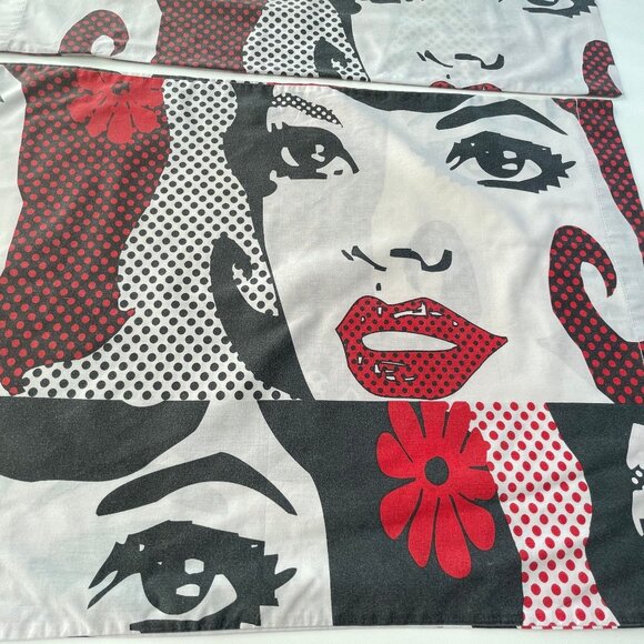 Vintage 80s Pop Art pillowcases set, comic girl with red lips, red black dots - Picture 2 of 10
